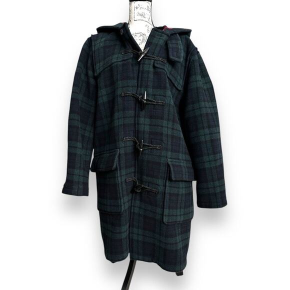 J. Crew Plaid Wool Peacoat Toggle Hooded Coat Green Blue Women's Size Large - Picture 2 of 6